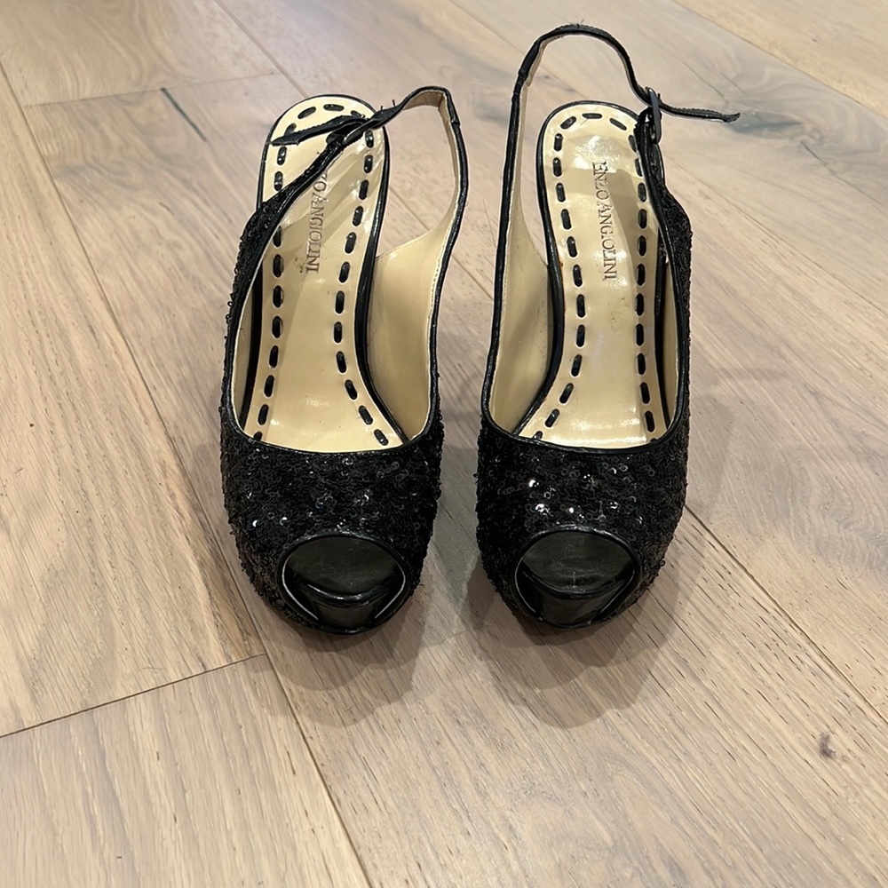 Black sequin sling back platform heel